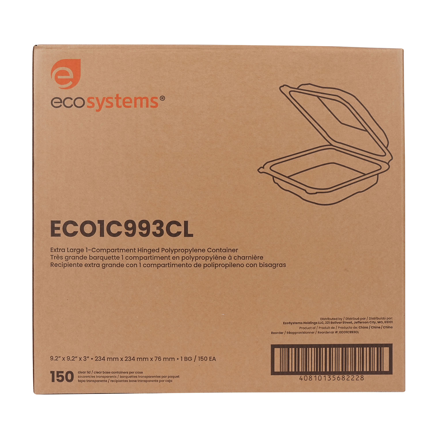 EcoSystems Polypropylene Hinged Container, Clear, X-Large, 9.23" x 9.23" x 3", 1/CS/150 - Image 2