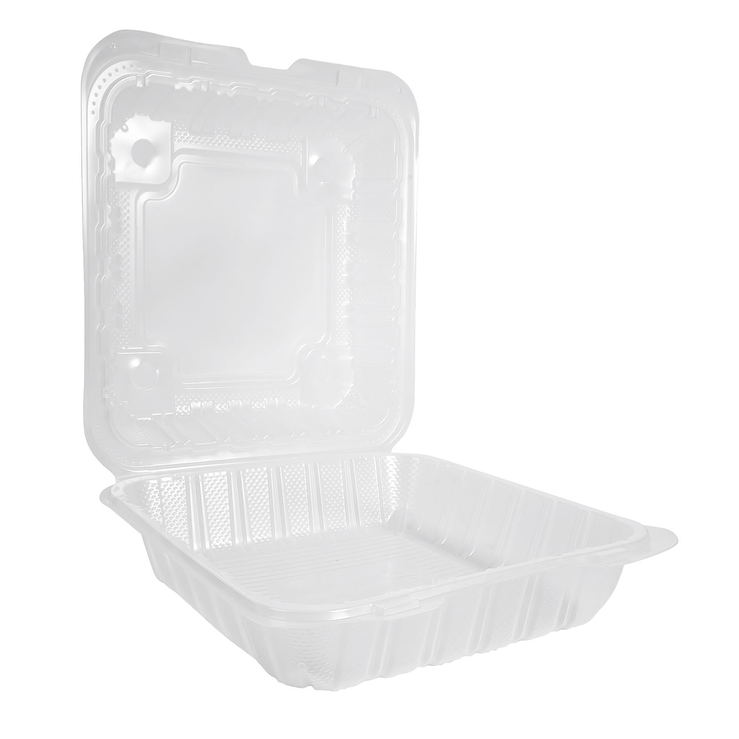 EcoSystems Polypropylene Hinged Container, Clear, X-Large, 9.23" x 9.23" x 3", 1/CS/150 - Image 3