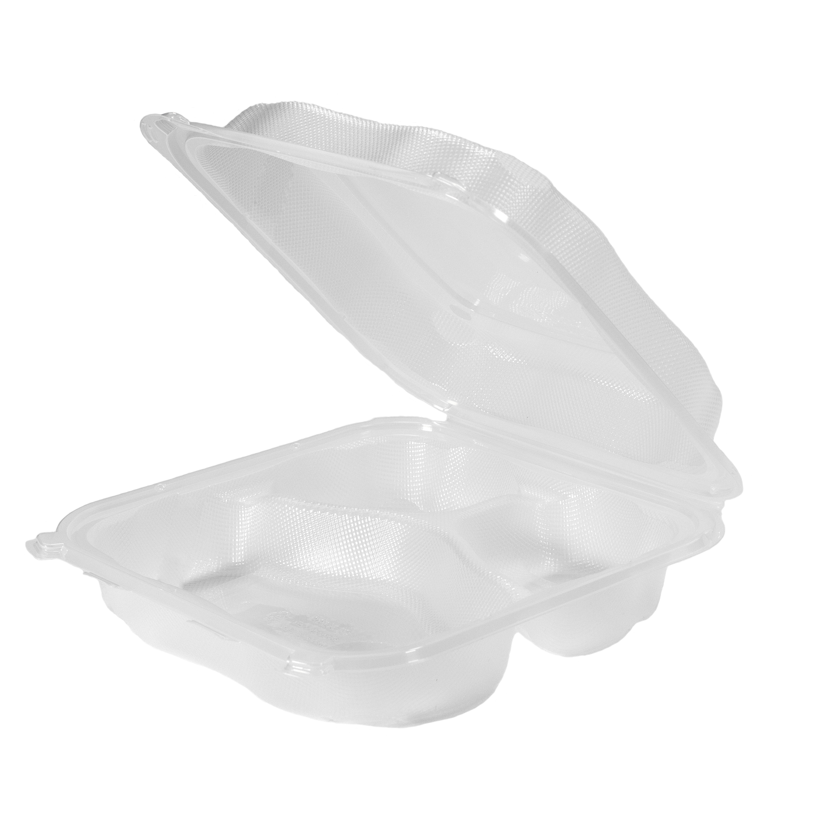 EcoSystems Polypropylene 3-Compartment Hinged Container, Clear, X-Large, 9.2" x 9.2" x 3", 1/CS/150