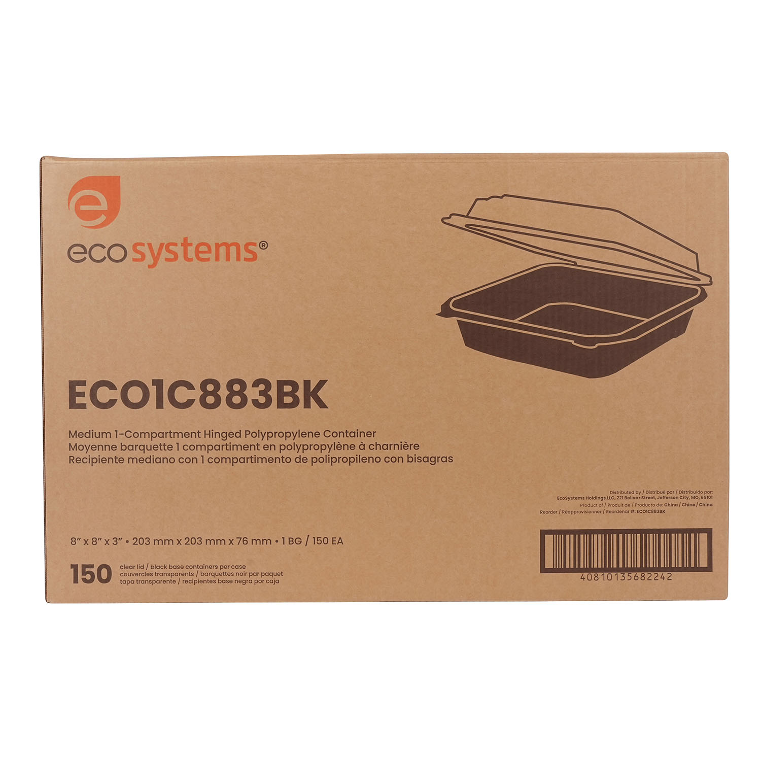 EcoSystems Polypropylene Hinged Container, Black; Clear, 8" x 8" x 3", 1/CS/150 - Image 2