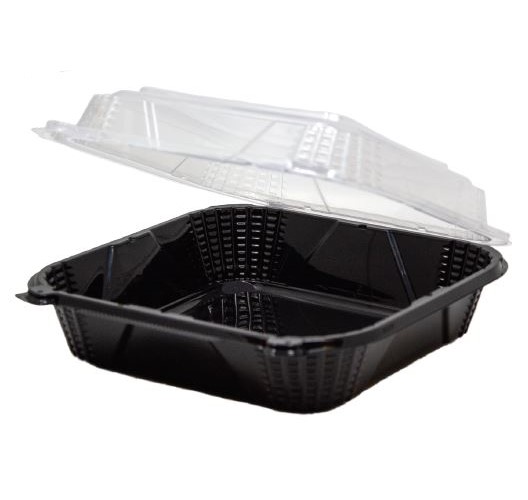 EcoSystems Polypropylene Hinged Container, Black; Clear, 8" x 8" x 3", 1/CS/150
