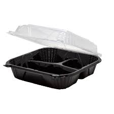 EcoSystems Polypropylene 3-Compartment Hinged Container, Black; Clear, 8" x 8" x 3", 1/CS/150