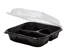 EcoSystems Polypropylene 3 Compartment Hinged Container, Black/Clear, 9.25" x 9" x 3", 1/CS/150