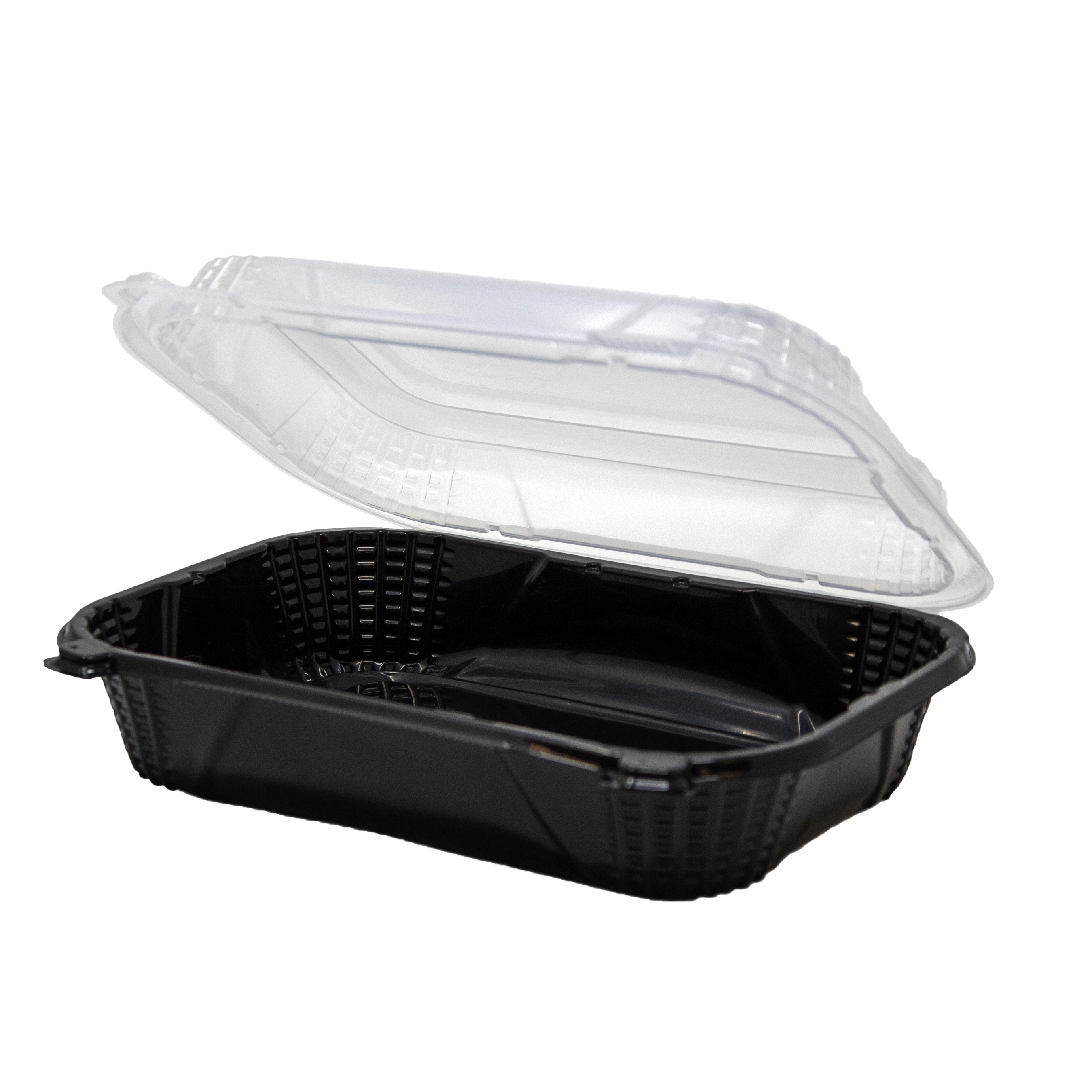 EcoSystems Polypropylene Hinged Container, Black/Clear, 10.5" x 9.25" x 3.25", 1/CS/150