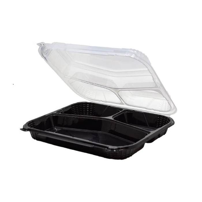 EcoSystems Polypropylene 3-Compartment Hinged Container, Black; Clear, 10.5" x 9.25" x 3", 1/CS/150