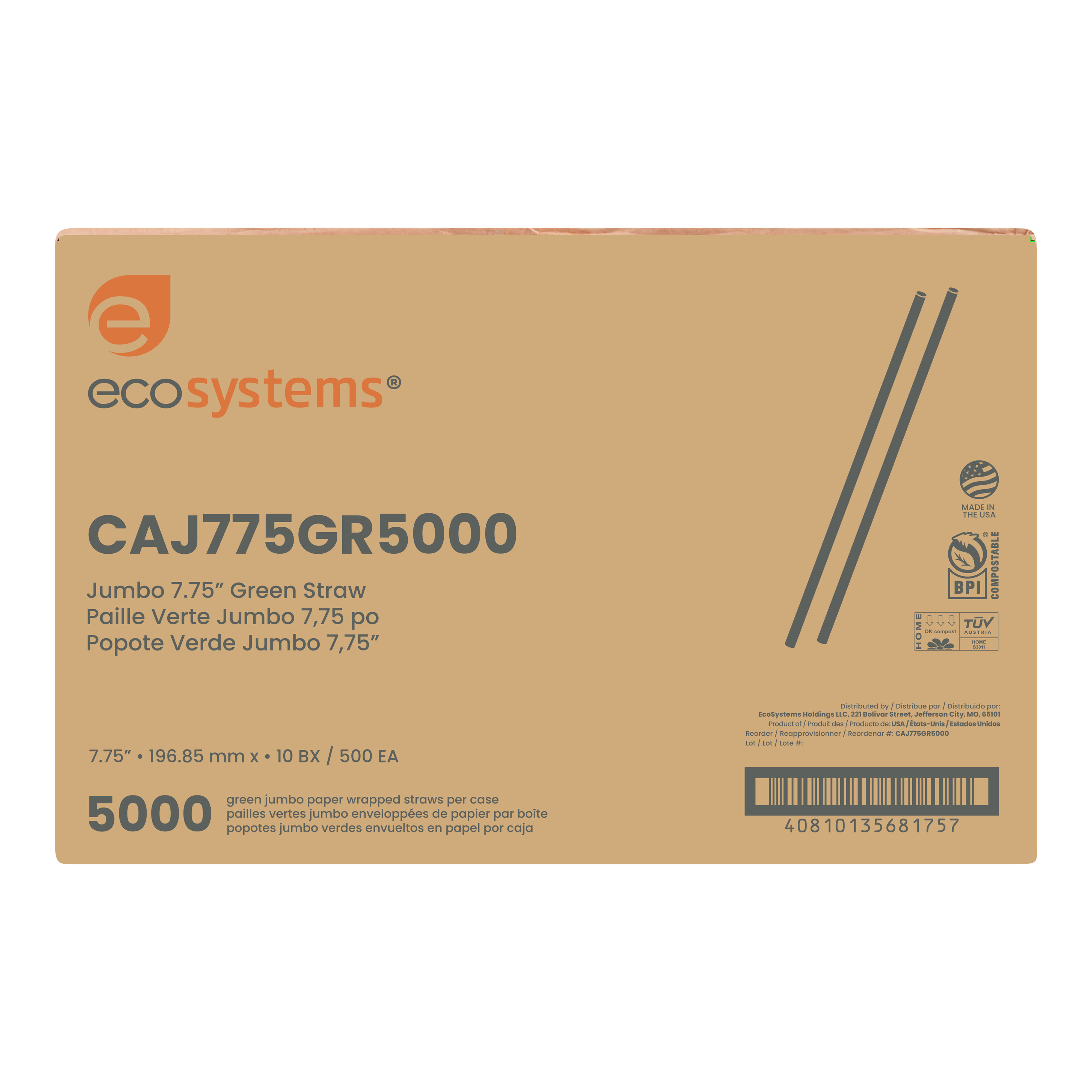 EcoSystems Compostable Jumbo Straw, Paper Wrapped, Boxed, Green, 7.75" - Image 2
