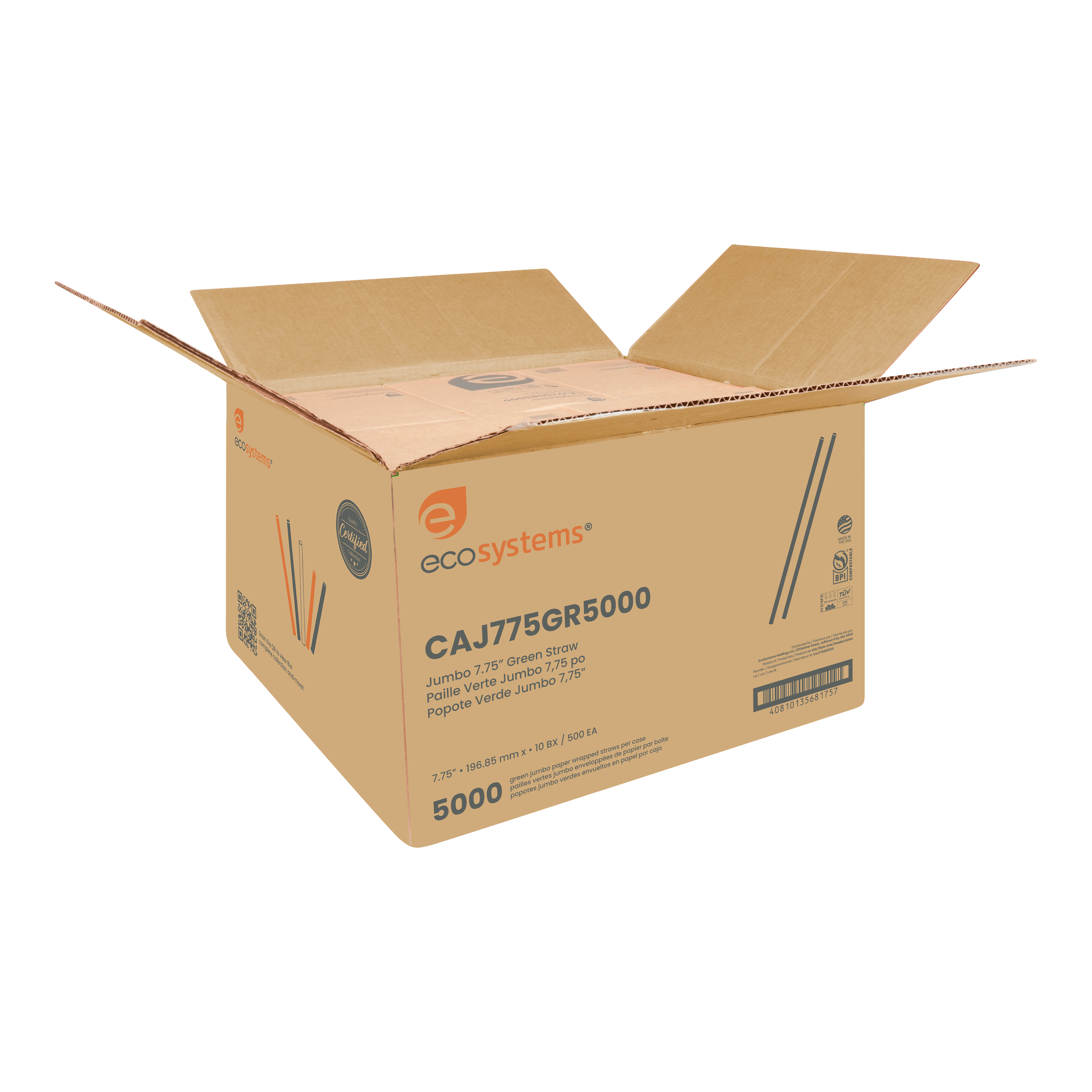 EcoSystems Compostable Jumbo Straw, Paper Wrapped, Boxed, Green, 7.75" - Image 4